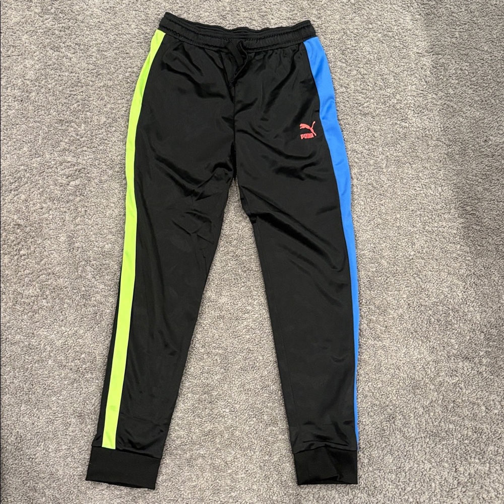 Puma Kids Black Sweatpants with Blue and Green Stripes